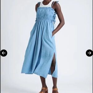 TOPSHOP Smocked Tie-Shoulder Midi Dress in Light Blue XS